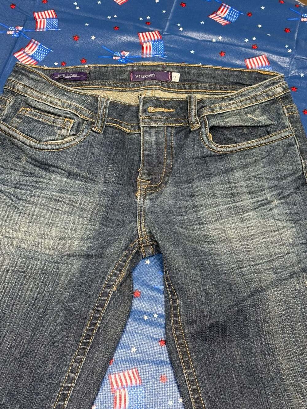 VIGOSS ~ WOMEN'S SIZE 5 THICK-STITCH DISTRESSED RIPPED DENIM BOOTCUT JEANS
